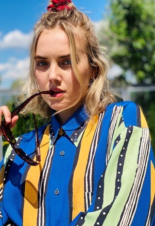 VINTAGE 80'S MULTICOLOR STRIPED SHORT SLEEVE SHIRT FESTIVAL