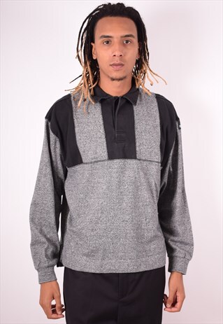 ADIDAS MENS VINTAGE POLO SHIRT LONG SLEEVE LARGE GREY 90S