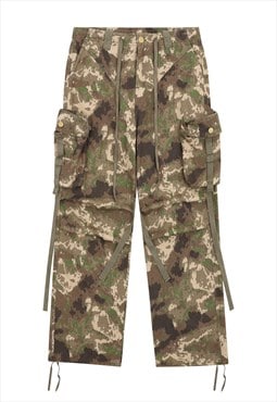 Military parachute pants cargo pocket camo joggers in green
