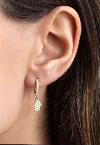 FLAWLESS EDGE - GOLD LAB CREATED DIAMOND, HAMSA HAND HOOPS
