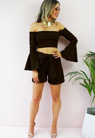 BLACK BARDOT CROP TOP HIGH WAIST MINI SHORTS SET