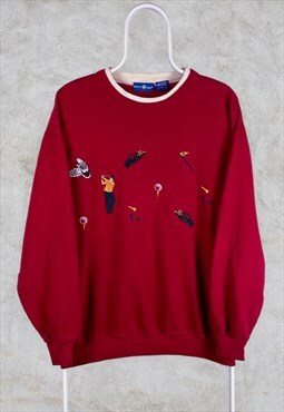 Vintage Red Embroidered Golf Sweatshirt Medium