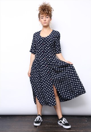 VINTAGE 90S NAVY FLORAL PRINT BUTTON MIDI DRESS