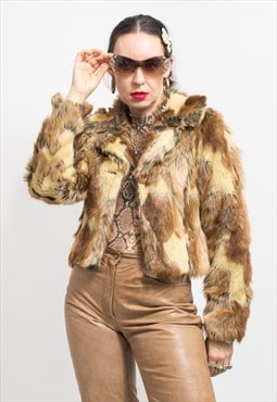 Vintage faux fur jacket cropped animal pattern women XS/S