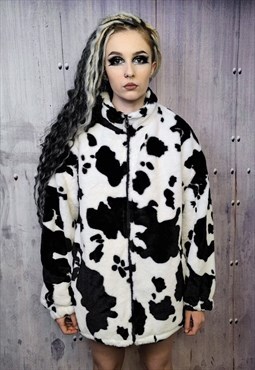 Cow fleece jacket in white animal print fluffy spot bomber