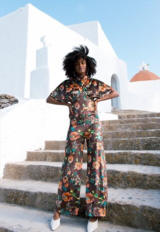 CASBAH- BROWN FLORAL 70'S STYLE VELVET LYCRA JUMPSUIT