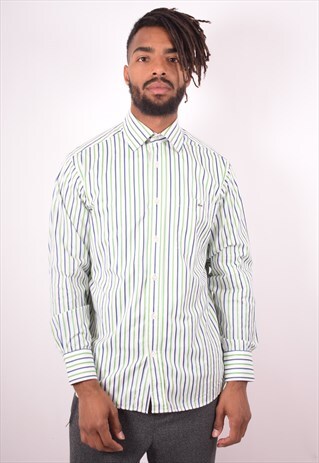 LACOSTE MENS VINTAGE SHIRT MEDIUM WHITE STRIPES 90S