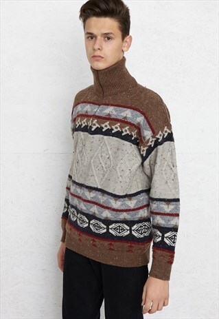 VINTAGE BROWN TURTLE NECK 1/4 ZIP KNIT JUMPER