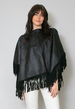 70's Vintage Ladies Leather Fringed Patchwork Cape  Poncho