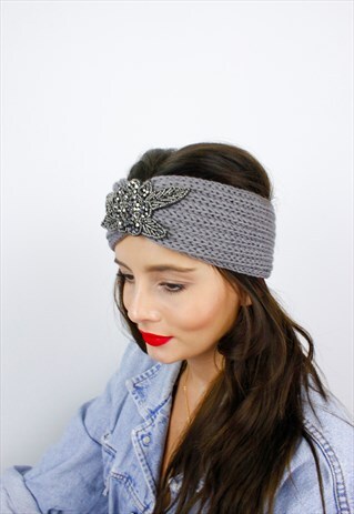 GREY SILVER BEADED RIBBED KNITTED TURBAN HEADBAND