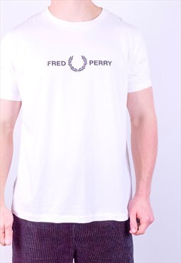 Vintage Fred Perry Embroidery T-Shirt in White Large 
