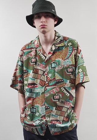 VINTAGE 80'S SHORT-SLEEVE GRAPHIC CRAZY PRINT SHIRT
