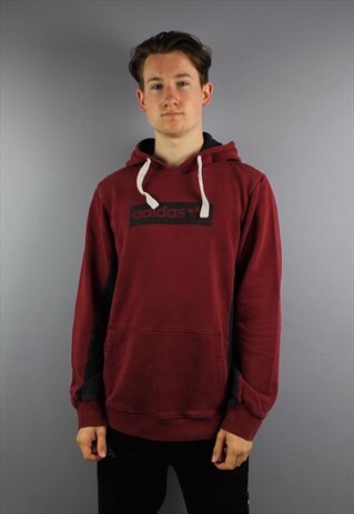 VINTAGE ADIDAS HOODIE IN BURGUNDY RED WITH PRINTED LOGO AND