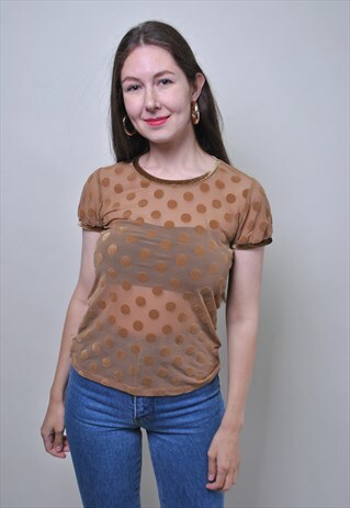 Y2K transparent blouse, vintage polka dot velour top