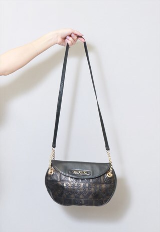 VINTAGE 1980'S BLACK & GOLD LEATHER SHOULDER BAG