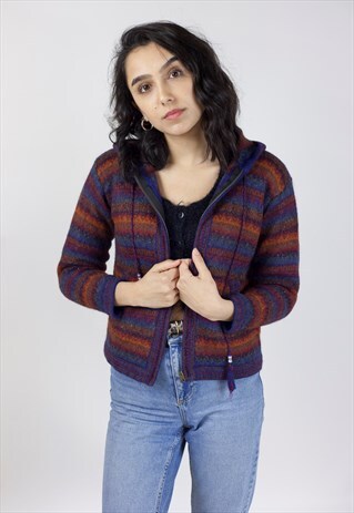 VINTAGE KNITTED MULTI-COLOUR ZIP-UP HOODIE