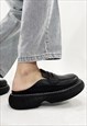 UNUSUAL MULES FAUX LEATHER LOAFERS PLATFORM SLIPPERS BLACK