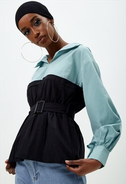 Turquoise Bandeau Contrast Belted Shirt