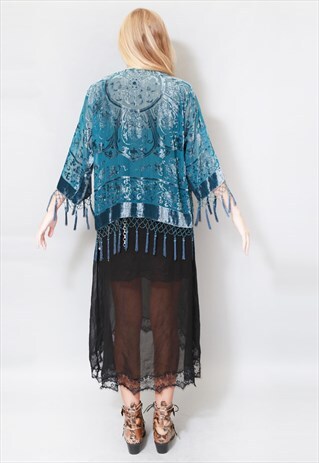 VINTAGE STYLE TEAL BLUE VELVET TASSEL FESTIVAL KIMONO