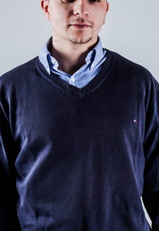 VINTAGE 90S TOMMY HILFIGER V-NECK SWEATSHIRT IN NAVY BLUE