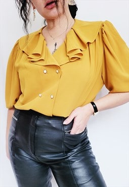 80s retro mustard yellow ruffle buttons down blouse 
