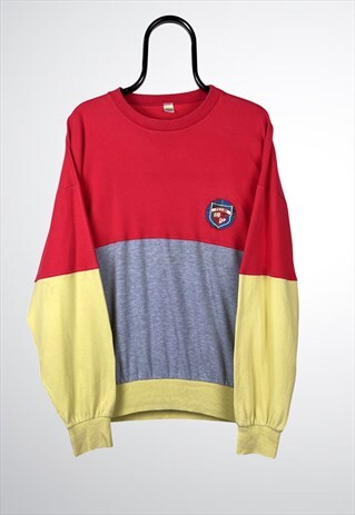 VINTAGE SWEATSHIRT COLOUR BLOCK RED YELLOW GREY LARGE
