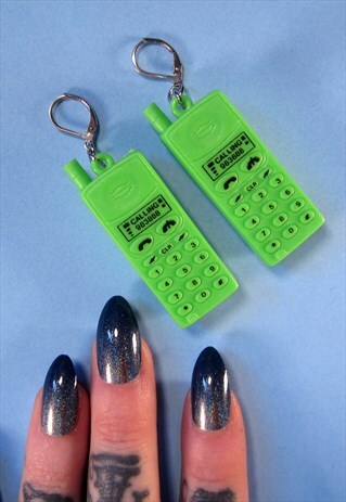 NEON GREEN MOBILE CELL PHONE KITSCH FESTIVAL EARRINGS