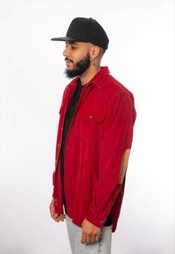 Mens 90s Vintage Red Corduroy Shirt With Leather Collar