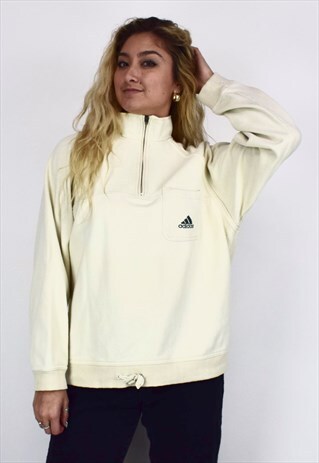 VINTAGE 90'S ADIDAS CREAM 1/4 ZIP JUMPER WITH POCKET