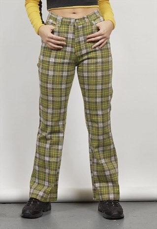 VINTAGE CHECKED GREEN HIGH WAISTED FLARED TROUSERS