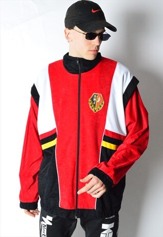 VINTAGE 90S RED COLOUR BLOCK VELVETY TRACK JACKET