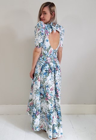 VINTAGE 90'S LIGHT BLUE AND PINK BACKLESS PUFF SLEEVE DRESS