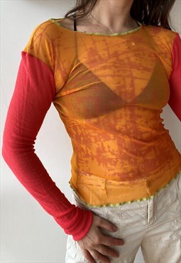 Vintage Y2K 00s sheer long sleeves printed blouse top