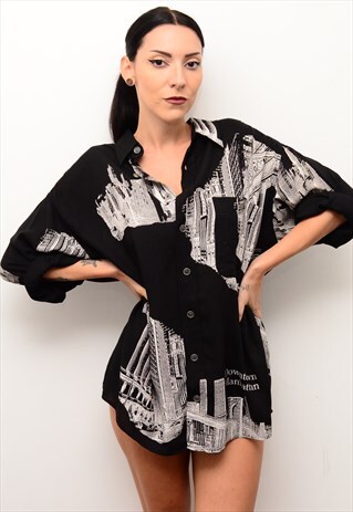 VINTAGE 90'S BLACK RETRO MANHATTAN PATTERNED OVERSIZED SHIRT