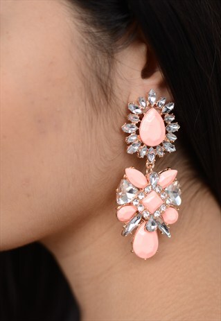 GLAMZAM LADIES NEW CORAL DIAMANTE CHANDELIER EARRINGS