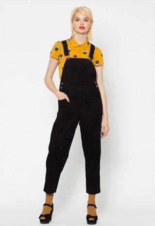 BLACK FULL LENGTH COTTON CORDUROY OVERALLS