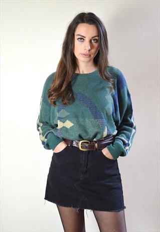 80S VINTAGE GREEN & BLUE ABSTRACT PATTERN KNIT JUMPER