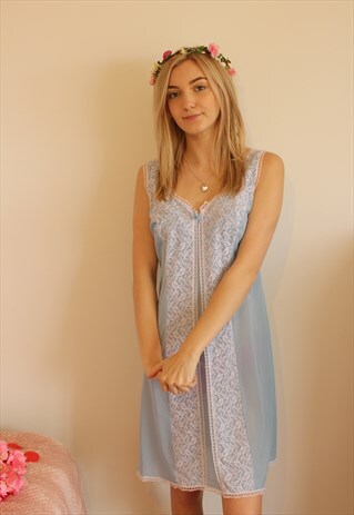 VINTAGE NIGHTDRESS BLUE FLORAL LACE BRIDAL CAMI SLIP DRESS