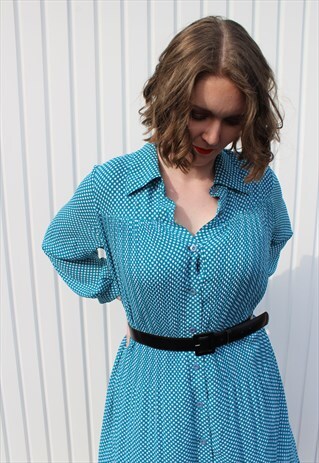 VINTAGE 80S BLUE WHITE SPOTTED POLKA DOT SHIRT SMOCK DRESS