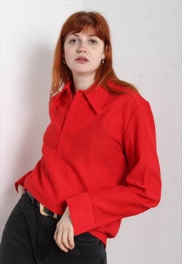 Vintage 70's Chrochet Knit Collared Shirt Red