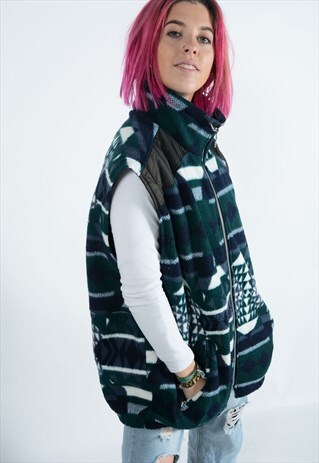 VINTAGE FLEECE GILET WITH ABSTRACT PATTERN.
