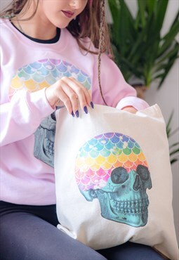 Tote Bag In Natural Canvas With Mermaid Rainbow Skull Print