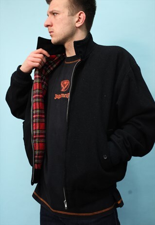 VINTAGE 90'S BLACK WOOL HARRINGTON BOMBER JACKET