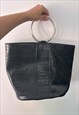 CROCODILE SKIN BLACK ELEGANT BAG WITH METAL CIRCLE HANDLE 