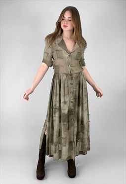 80's Vintage Green Short Sleeve Tie Dye Midi Dress