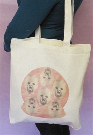 CREEPY DOLL HEAD TOTE BAG