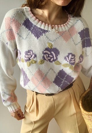 VINTAGE 80S FLORAL EMBROIDERED COTTON KNITTED JUMPER SWEATER