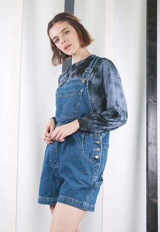 VINTAGE 90S MID BLUE DENIM SHORT DUNGAREES. OVERALLS