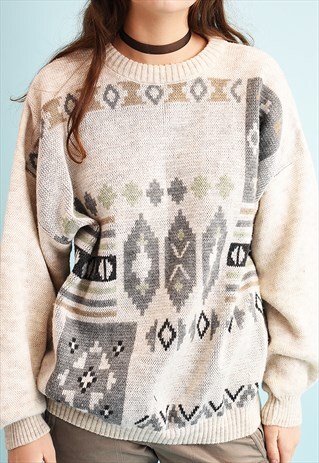 90'S RETRO OVERSIZED NEUTRAL ETHNIC PATTERN KNIT JUMPER
