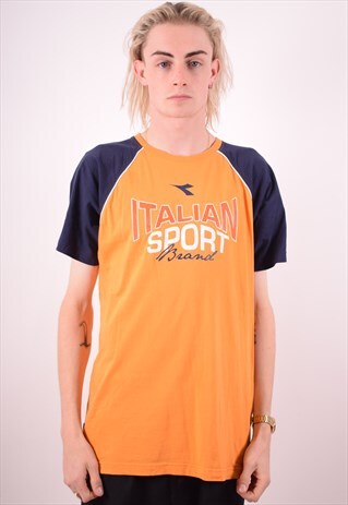 DIADORA MENS VINTAGE T-SHIRT TOP MEDIUM ORANGE 90S
